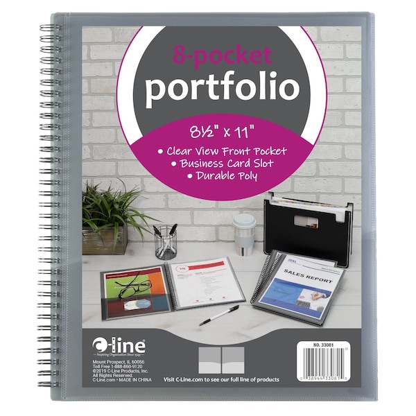 C-Line Products 8-1/2" x 11" Smoke 8-Pocket Spiral-Bound Poly Portfolio, 12EA/DS, 6DS/CT 33081-DS - main